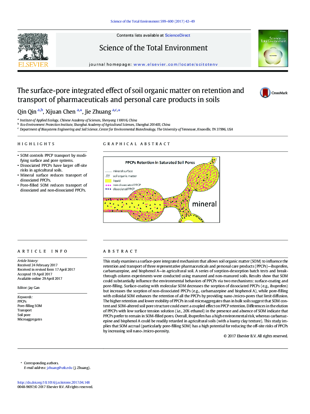 The surface-pore integrated effect of soil organic matter on retention and transport of pharmaceuticals and personal care products in soils