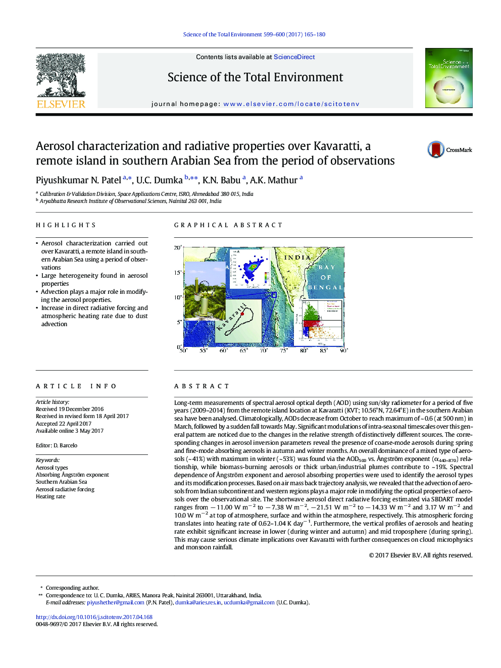 Aerosol characterization and radiative properties over Kavaratti, a remote island in southern Arabian Sea from the period of observations