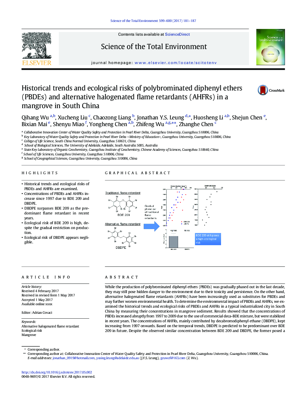 Historical trends and ecological risks of polybrominated diphenyl ethers (PBDEs) and alternative halogenated flame retardants (AHFRs) in a mangrove in South China