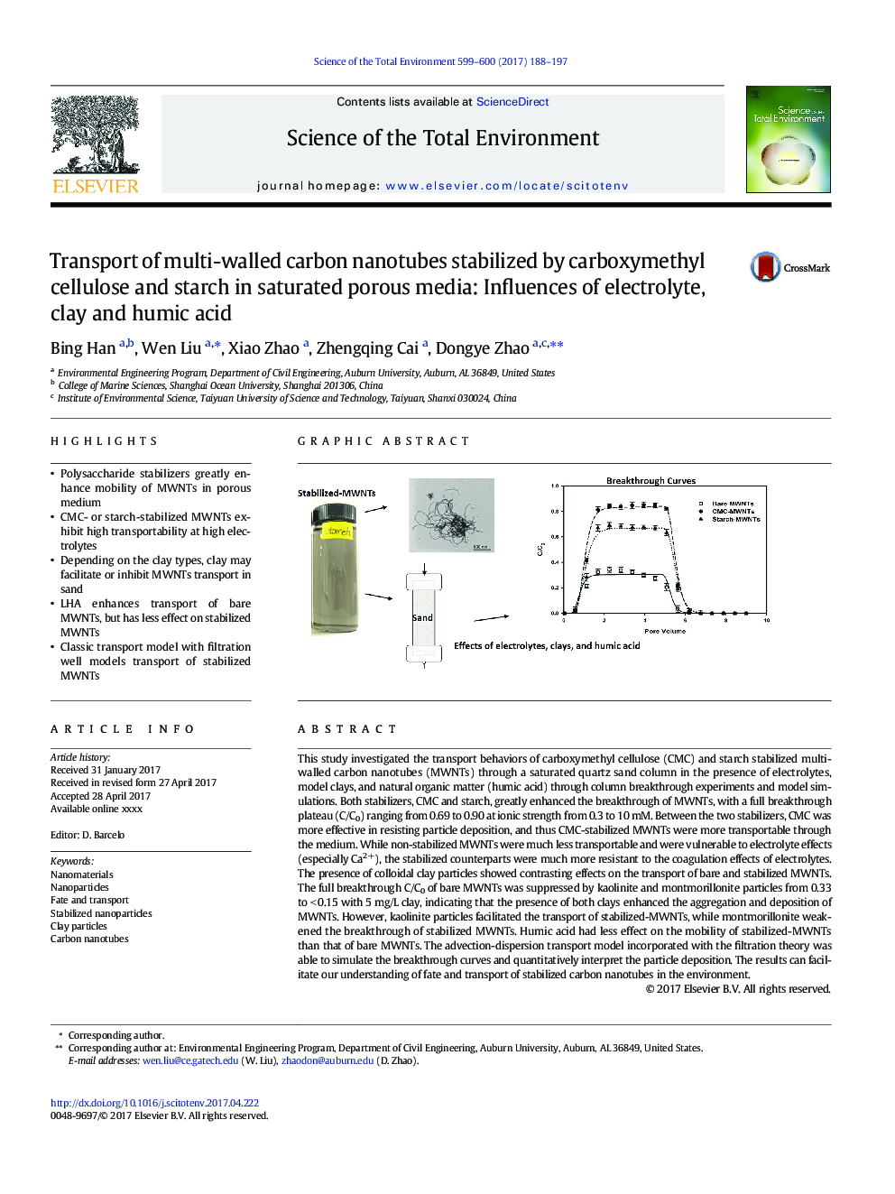 Transport of multi-walled carbon nanotubes stabilized by carboxymethyl cellulose and starch in saturated porous media: Influences of electrolyte, clay and humic acid