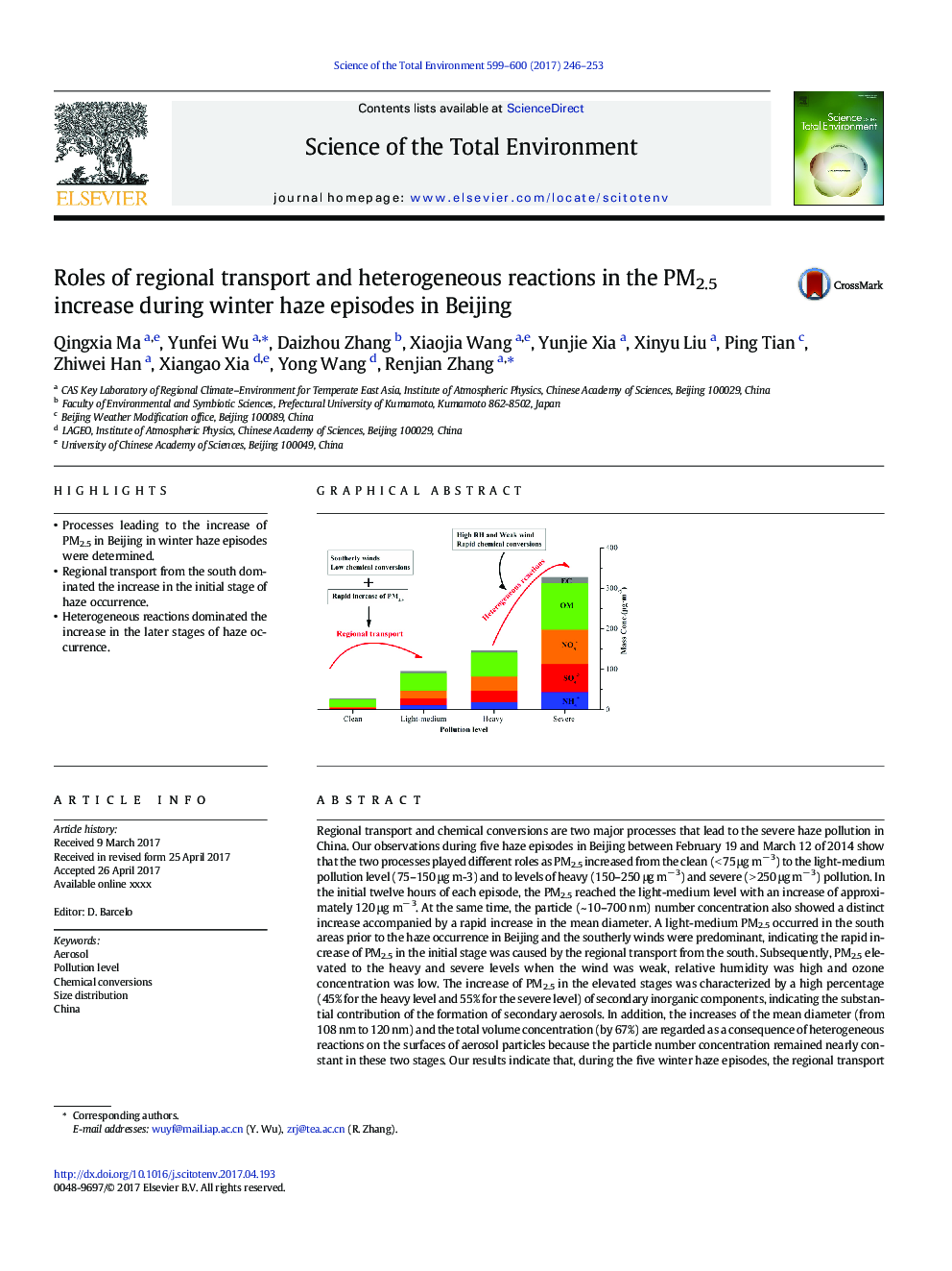 Roles of regional transport and heterogeneous reactions in the PM2.5 increase during winter haze episodes in Beijing