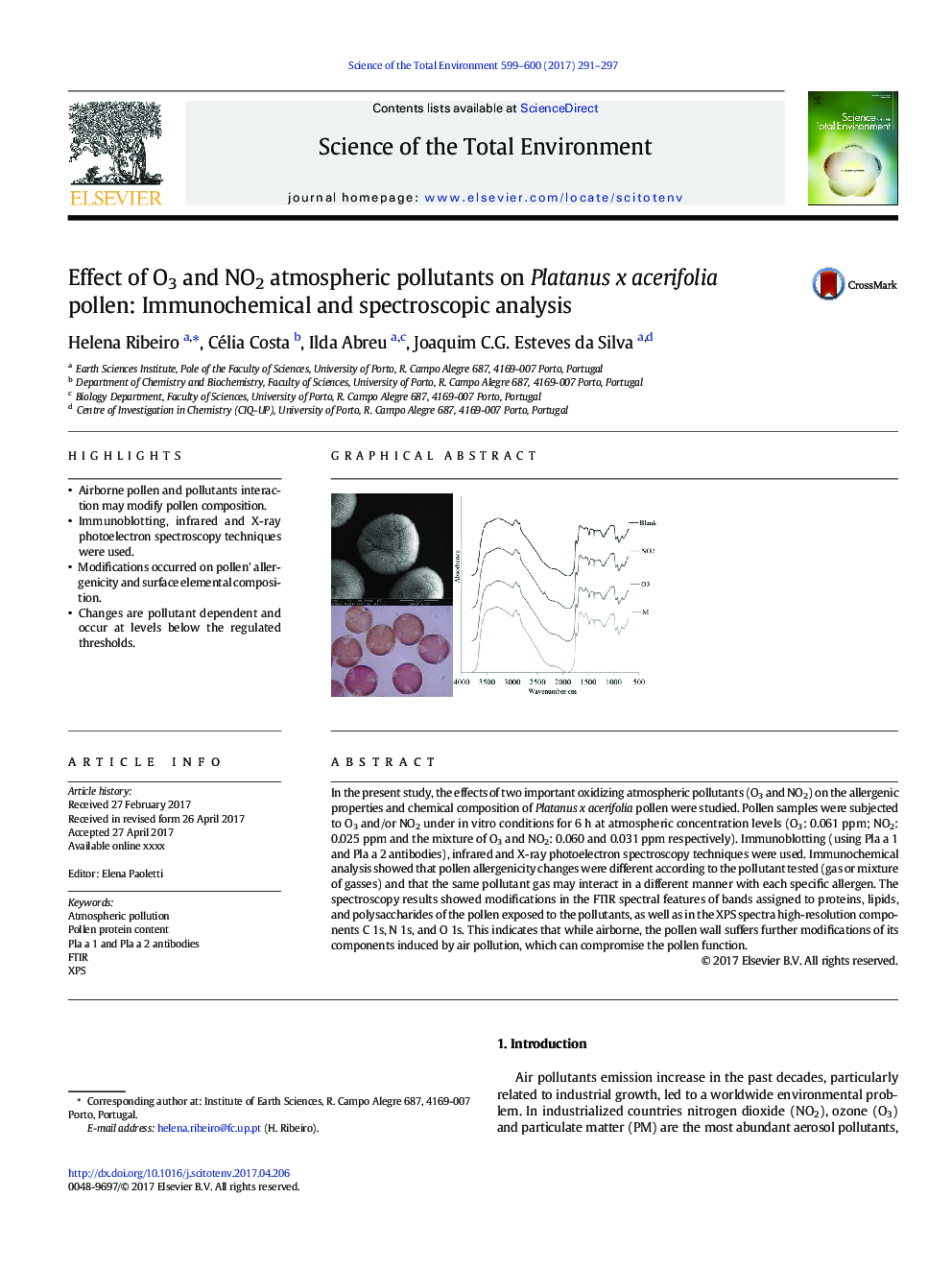 Effect of O3 and NO2 atmospheric pollutants on Platanus x acerifolia pollen: Immunochemical and spectroscopic analysis