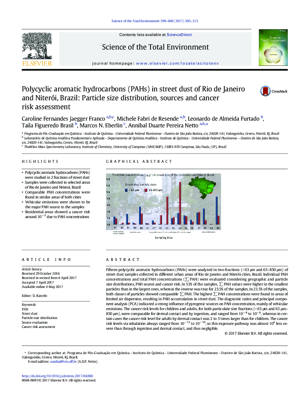 Polycyclic aromatic hydrocarbons (PAHs) in street dust of Rio de Janeiro and Niterói, Brazil: Particle size distribution, sources and cancer risk assessment