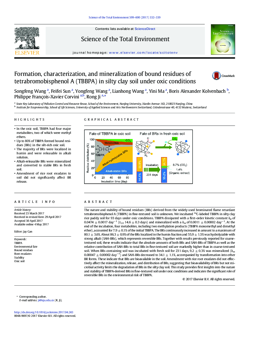 Formation, characterization, and mineralization of bound residues of tetrabromobisphenol A (TBBPA) in silty clay soil under oxic conditions