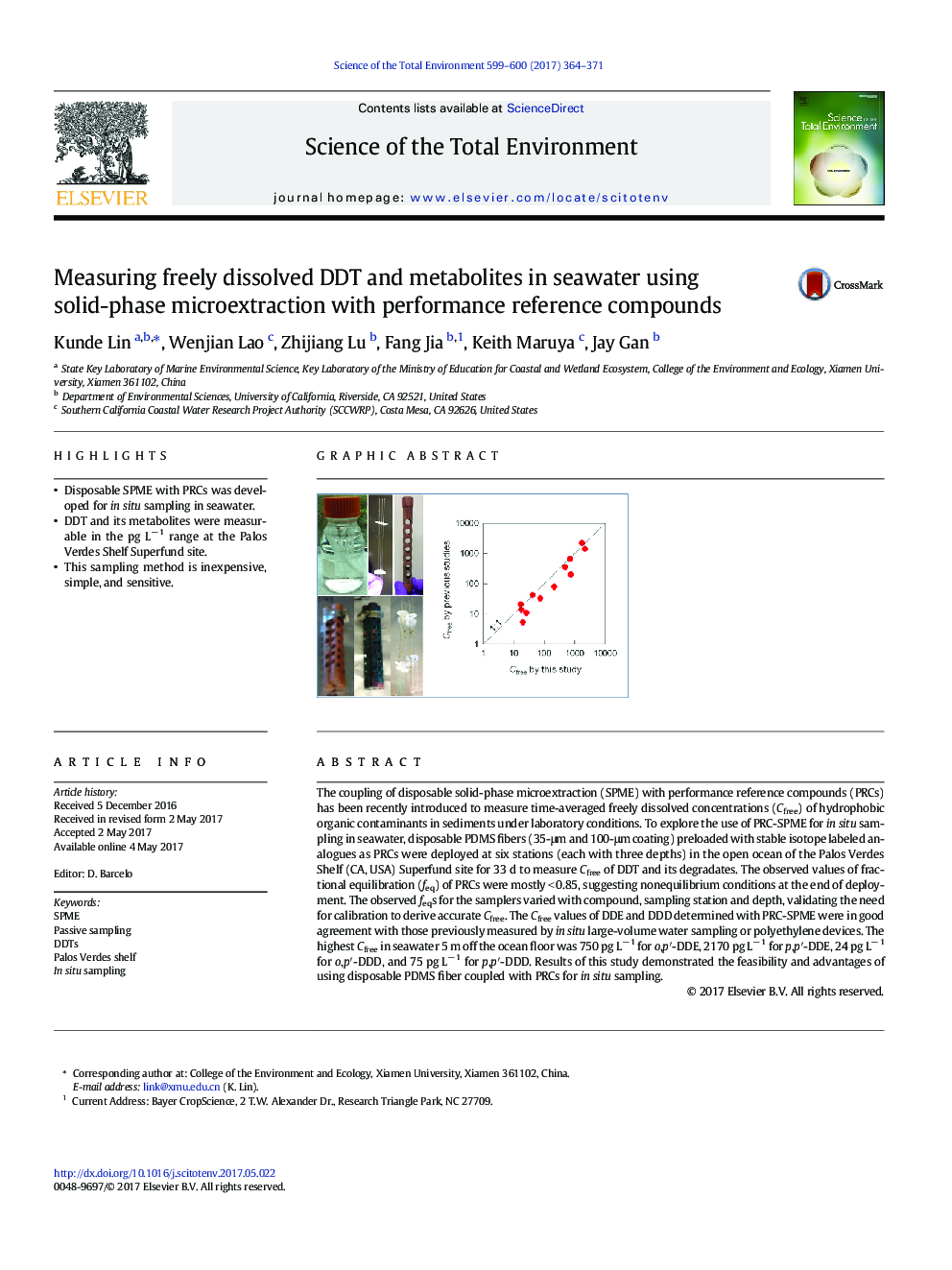 Measuring freely dissolved DDT and metabolites in seawater using solid-phase microextraction with performance reference compounds