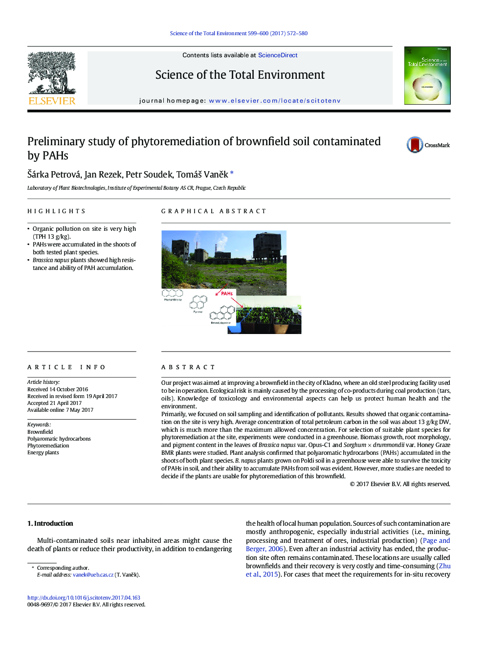 Preliminary study of phytoremediation of brownfield soil contaminated by PAHs