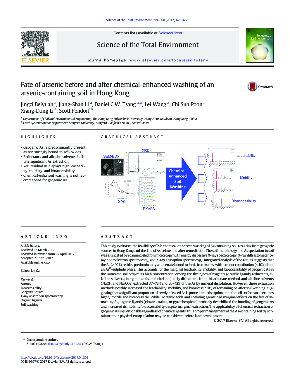 Fate of arsenic before and after chemical-enhanced washing of an arsenic-containing soil in Hong Kong