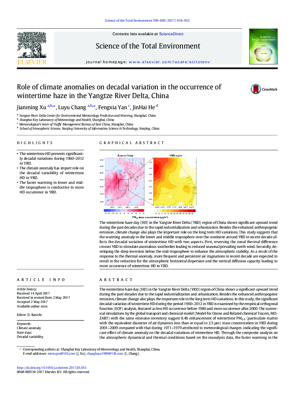 Role of climate anomalies on decadal variation in the occurrence of wintertime haze in the Yangtze River Delta, China