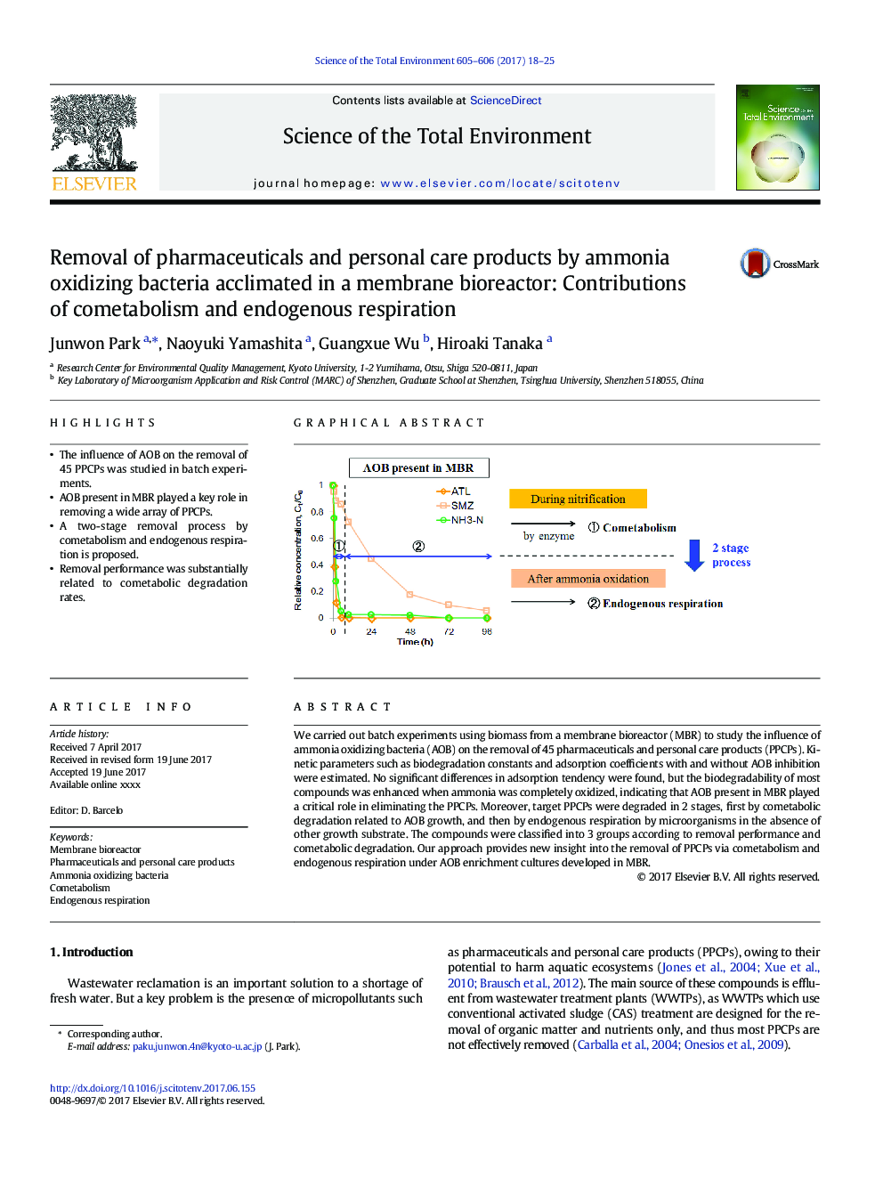 Removal of pharmaceuticals and personal care products by ammonia oxidizing bacteria acclimated in a membrane bioreactor: Contributions of cometabolism and endogenous respiration