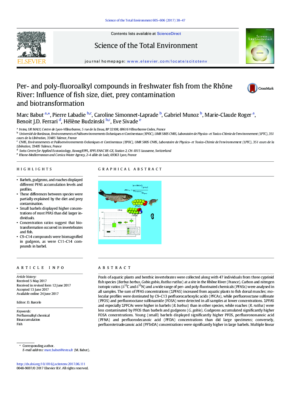 Per- and poly-fluoroalkyl compounds in freshwater fish from the RhÃ´ne River: Influence of fish size, diet, prey contamination and biotransformation