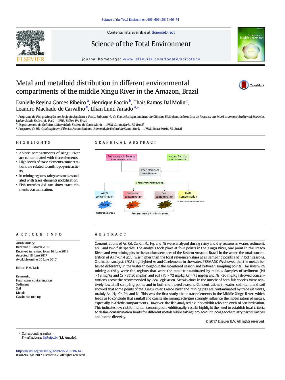 Metal and metalloid distribution in different environmental compartments of the middle Xingu River in the Amazon, Brazil