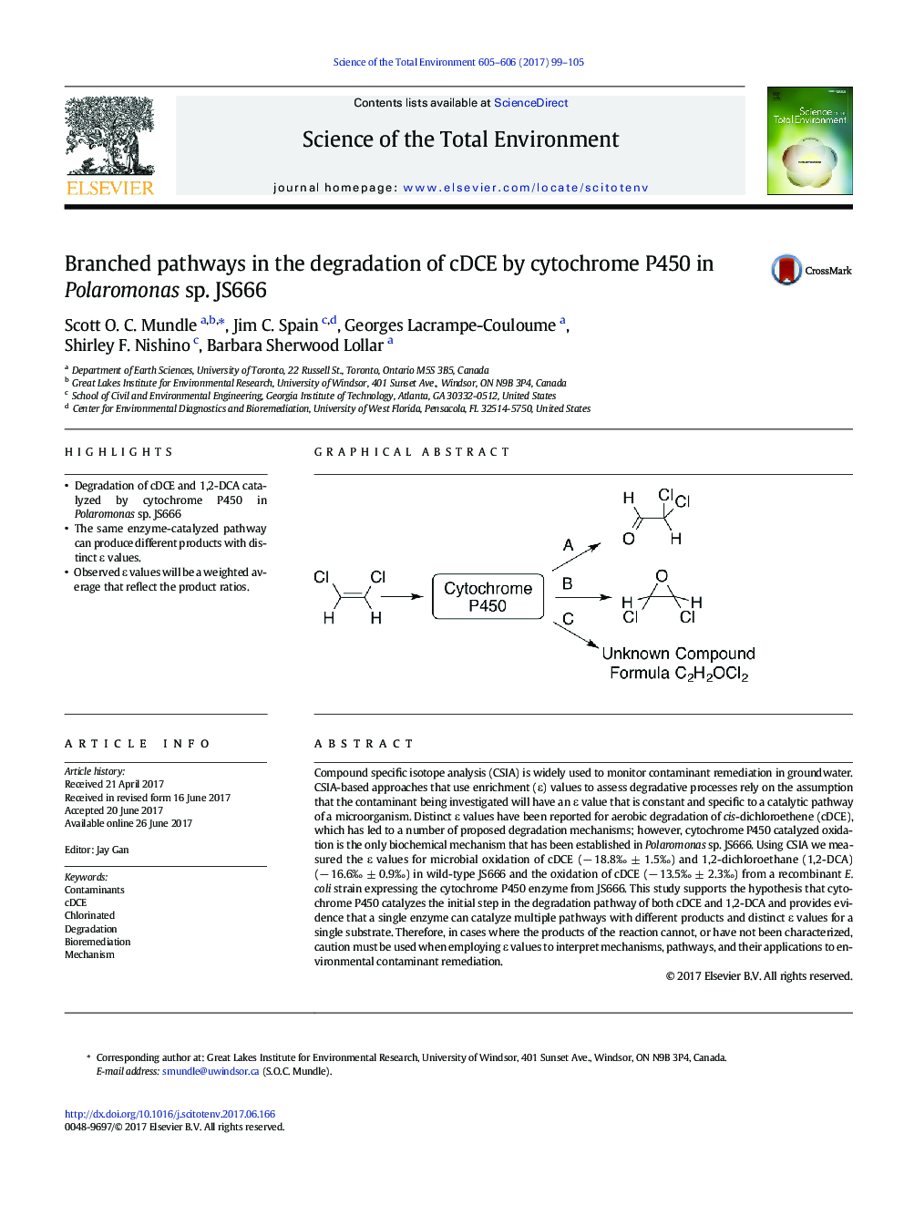 Branched pathways in the degradation of cDCE by cytochrome P450 in Polaromonas sp. JS666