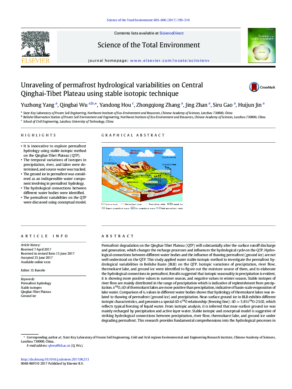 Unraveling of permafrost hydrological variabilities on Central Qinghai-Tibet Plateau using stable isotopic technique