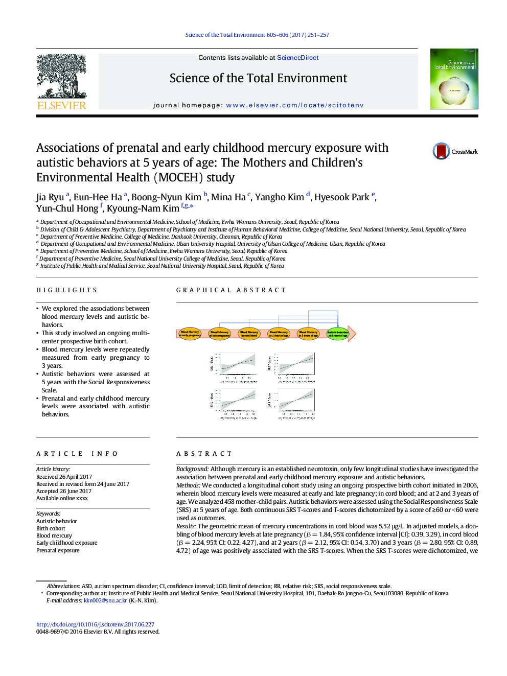 Associations of prenatal and early childhood mercury exposure with autistic behaviors at 5Â years of age: The Mothers and Children's Environmental Health (MOCEH) study