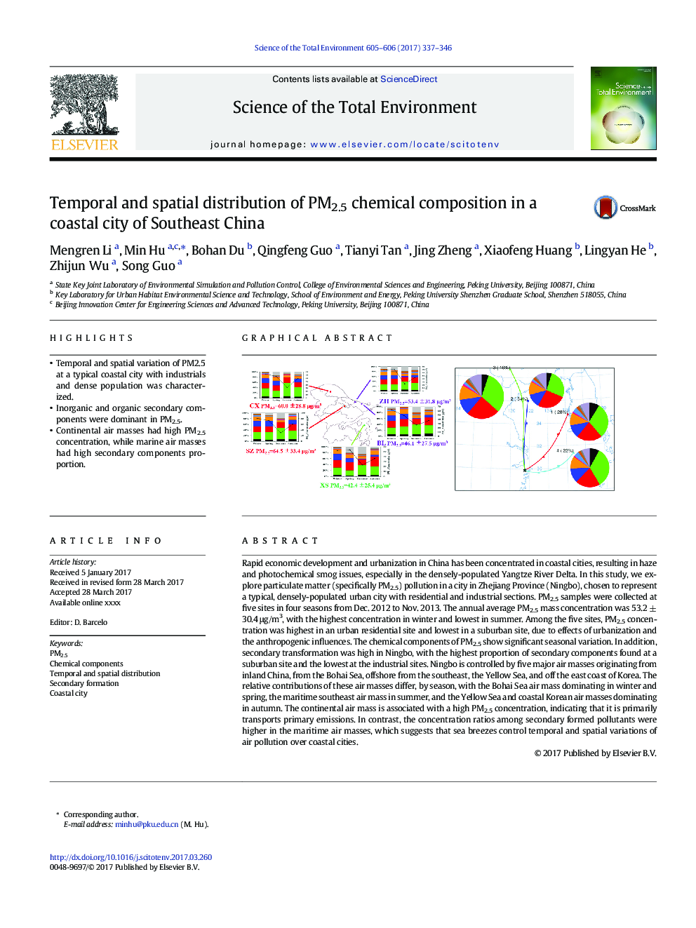 Temporal and spatial distribution of PM2.5 chemical composition in a coastal city of Southeast China