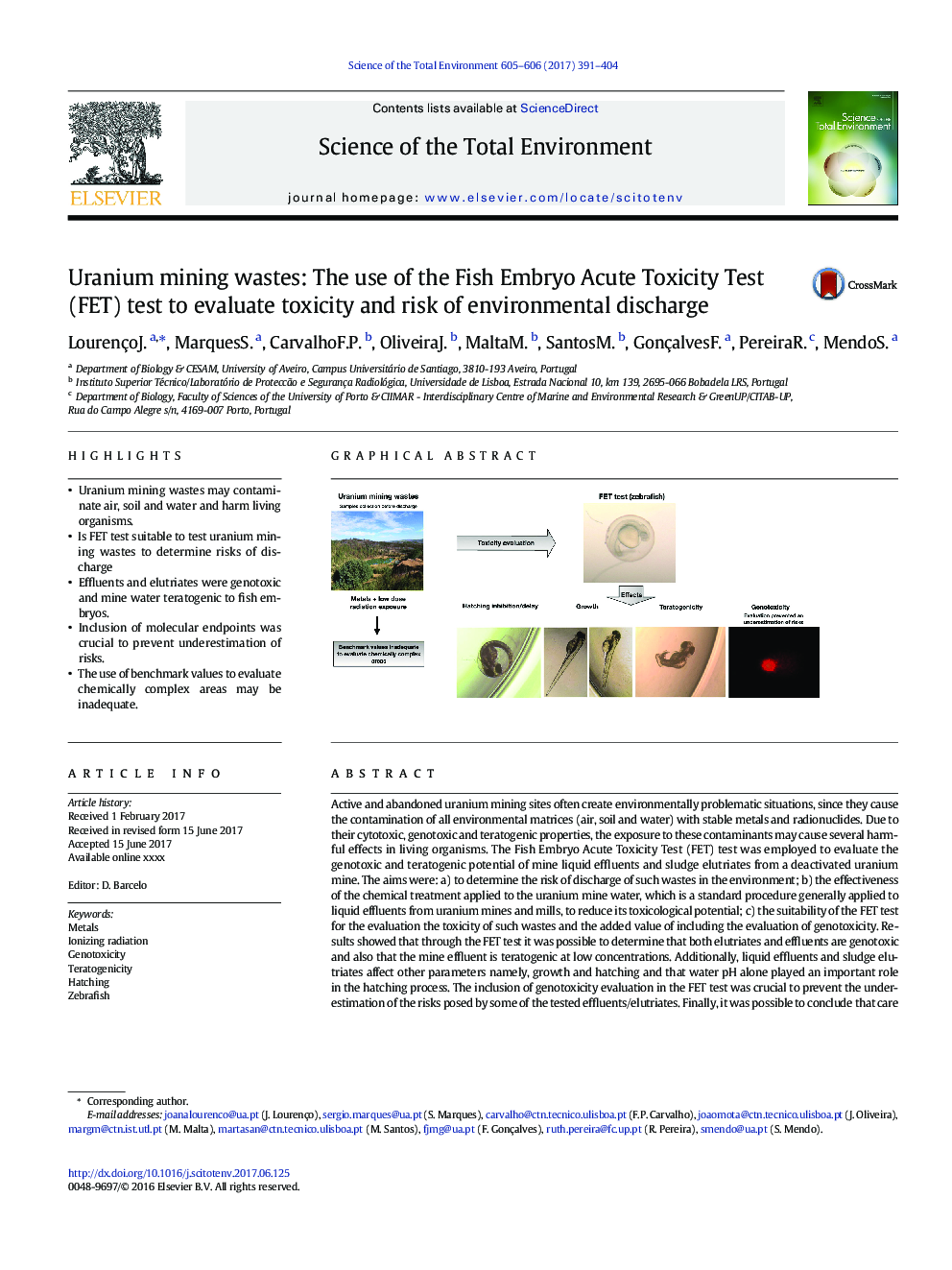 Uranium mining wastes: The use of the Fish Embryo Acute Toxicity Test (FET) test to evaluate toxicity and risk of environmental discharge