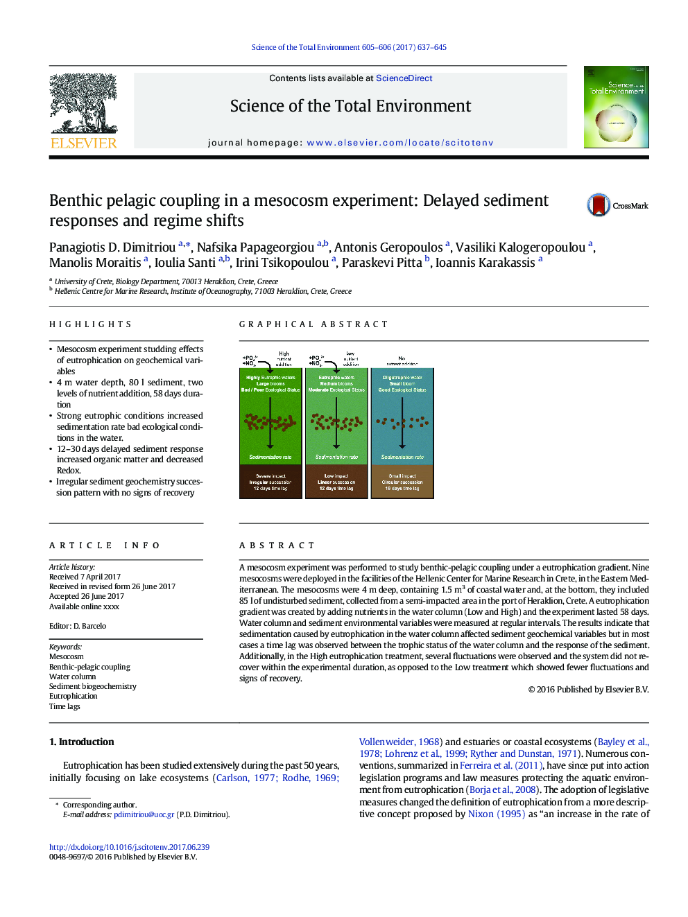 Benthic pelagic coupling in a mesocosm experiment: Delayed sediment responses and regime shifts