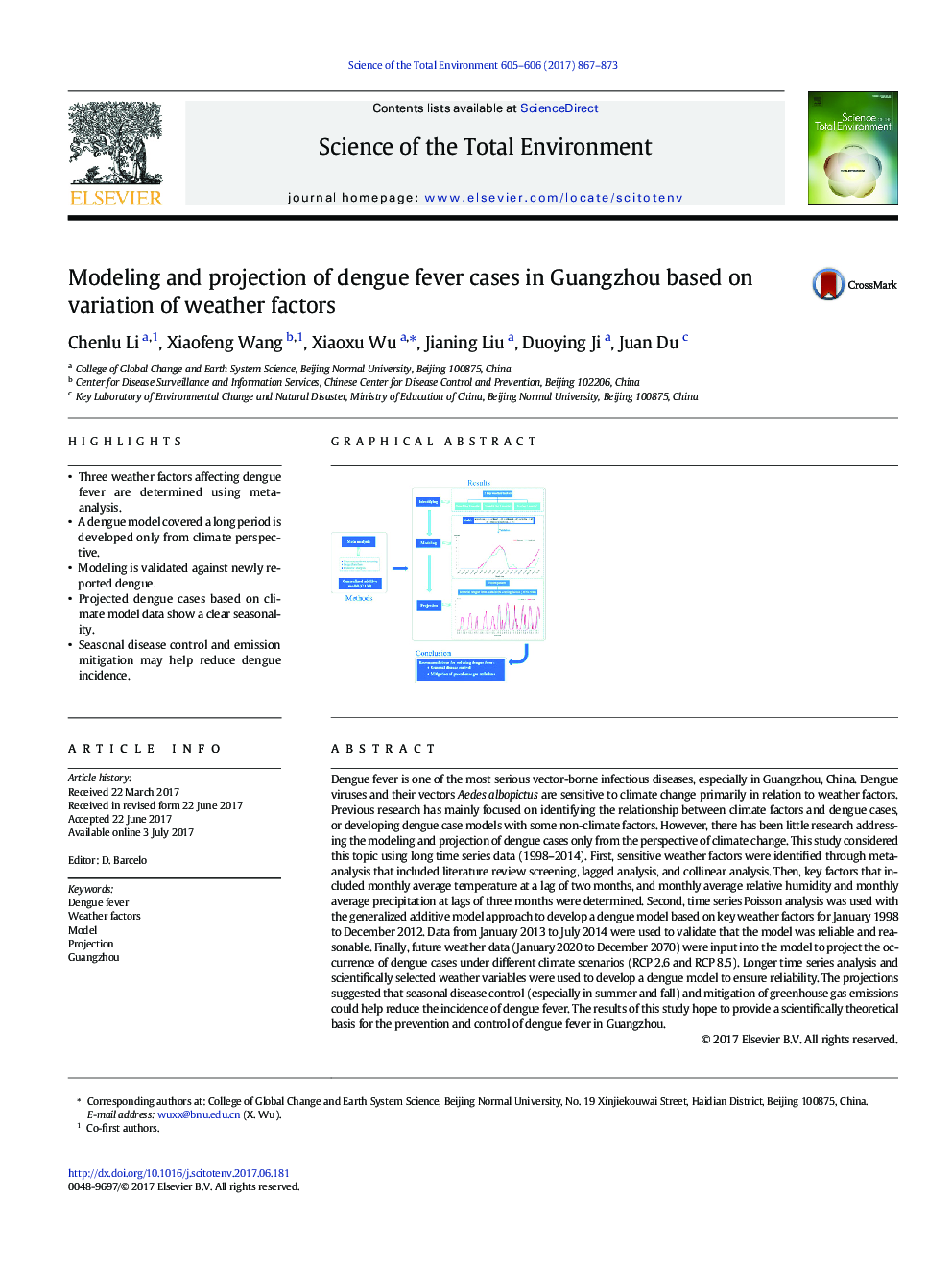 Modeling and projection of dengue fever cases in Guangzhou based on variation of weather factors