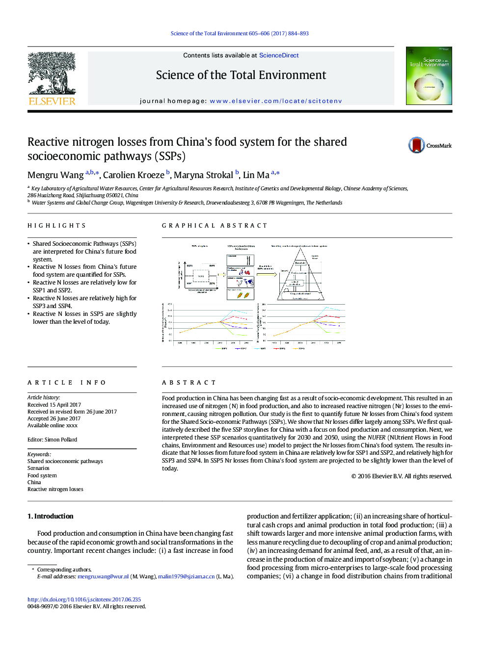 Reactive nitrogen losses from China's food system for the shared socioeconomic pathways (SSPs)