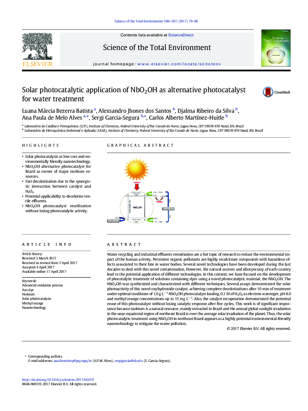 Solar photocatalytic application of NbO2OH as alternative photocatalyst for water treatment