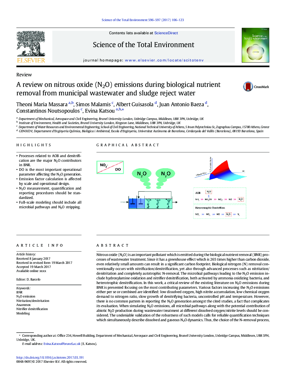 A review on nitrous oxide (N2O) emissions during biological nutrient removal from municipal wastewater and sludge reject water