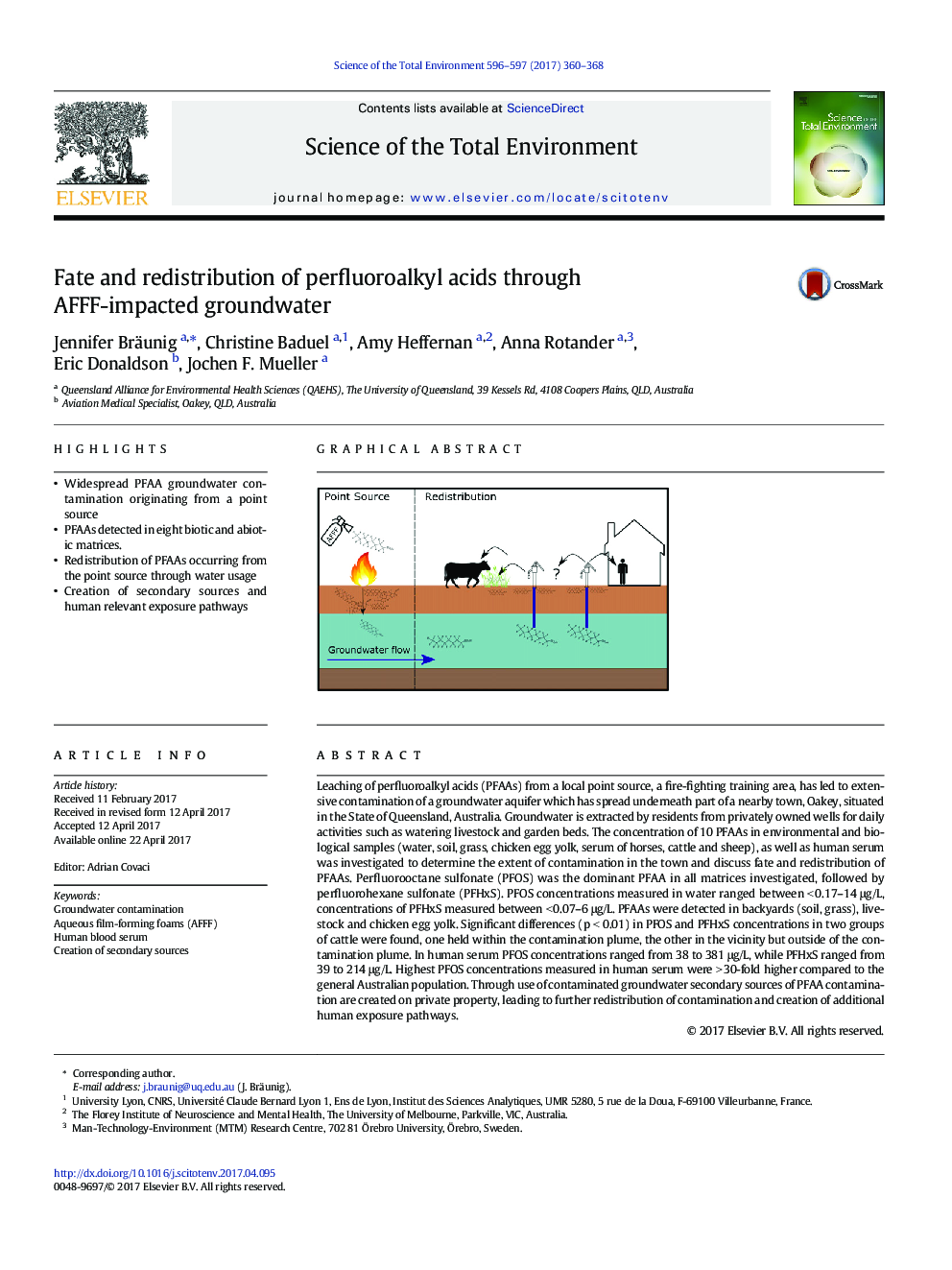 Fate and redistribution of perfluoroalkyl acids through AFFF-impacted groundwater