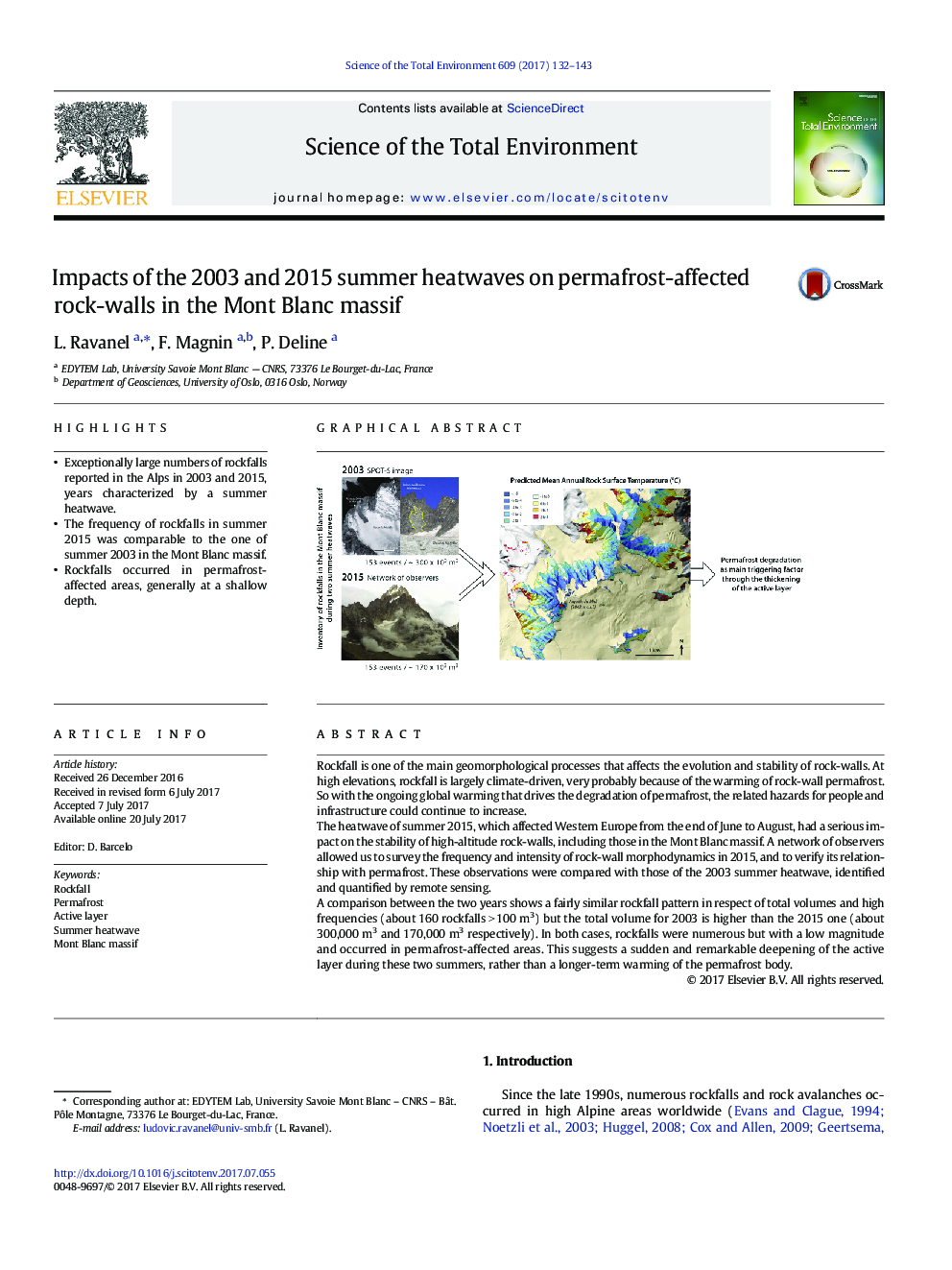 Impacts of the 2003 and 2015 summer heatwaves on permafrost-affected rock-walls in the Mont Blanc massif