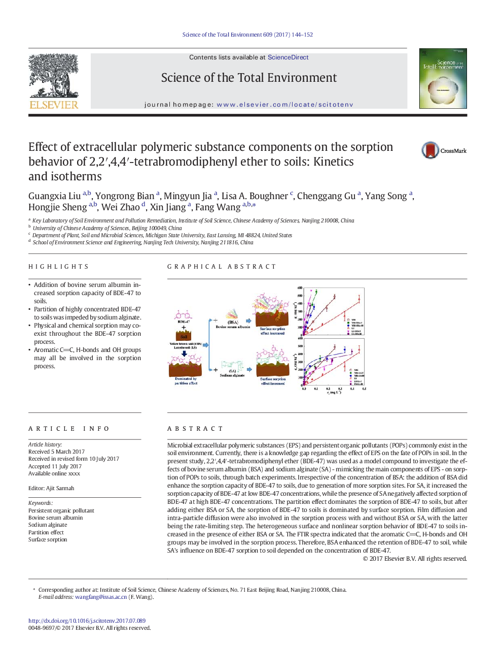 Effect of extracellular polymeric substance components on the sorption behavior of 2,2â²,4,4â²-tetrabromodiphenyl ether to soils: Kinetics and isotherms