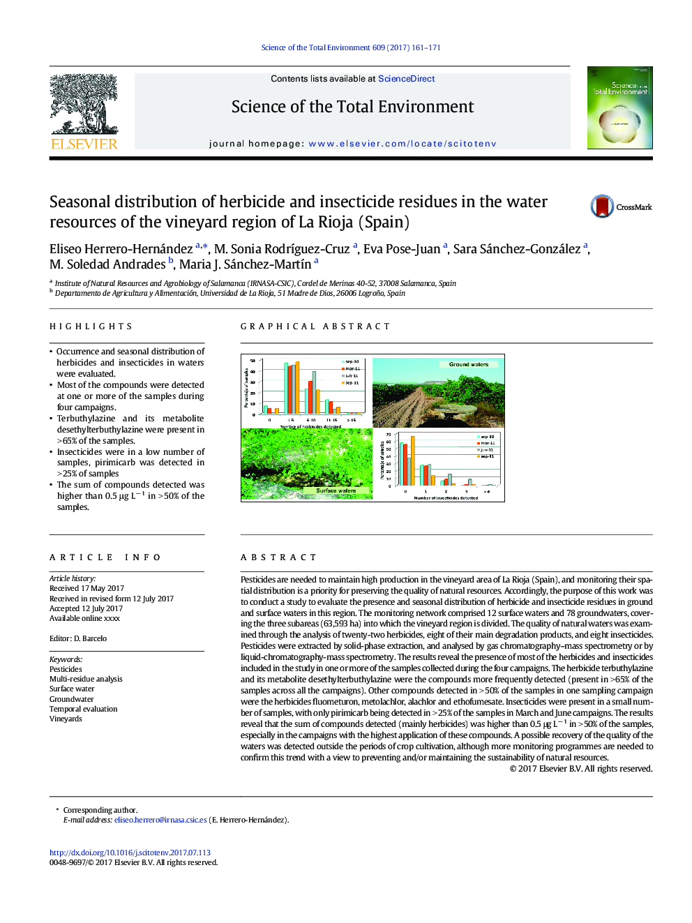 Seasonal distribution of herbicide and insecticide residues in the water resources of the vineyard region of La Rioja (Spain)