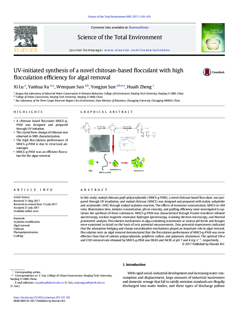 عکس صفحه اول مقاله: UV-initiated synthesis of a novel chitosan-based flocculant with high flocculation efficiency for algal removal UV-initiated synthesis of a novel chitosan-based flocculant with high flocculation efficiency for algal removal