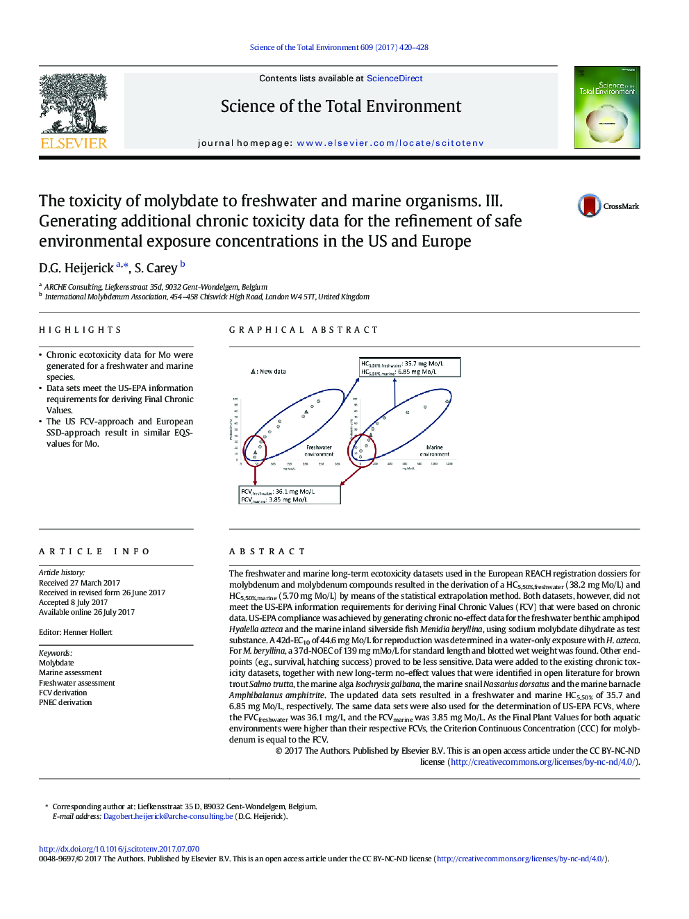 The toxicity of molybdate to freshwater and marine organisms. III. Generating additional chronic toxicity data for the refinement of safe environmental exposure concentrations in the US and Europe