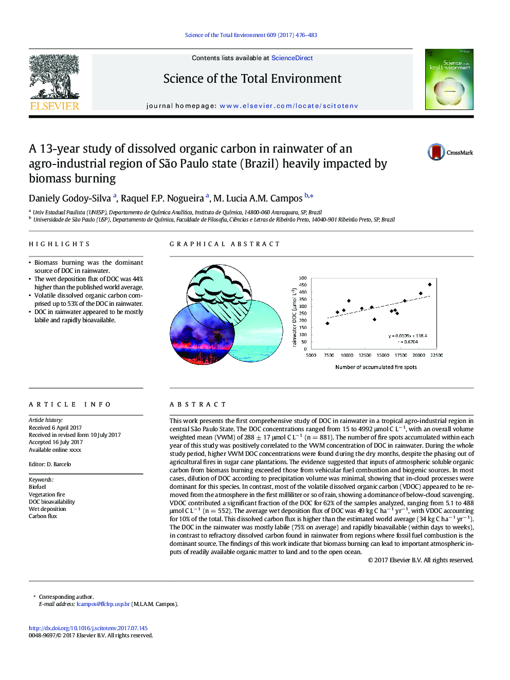 A 13-year study of dissolved organic carbon in rainwater of an agro-industrial region of SÃ£o Paulo state (Brazil) heavily impacted by biomass burning