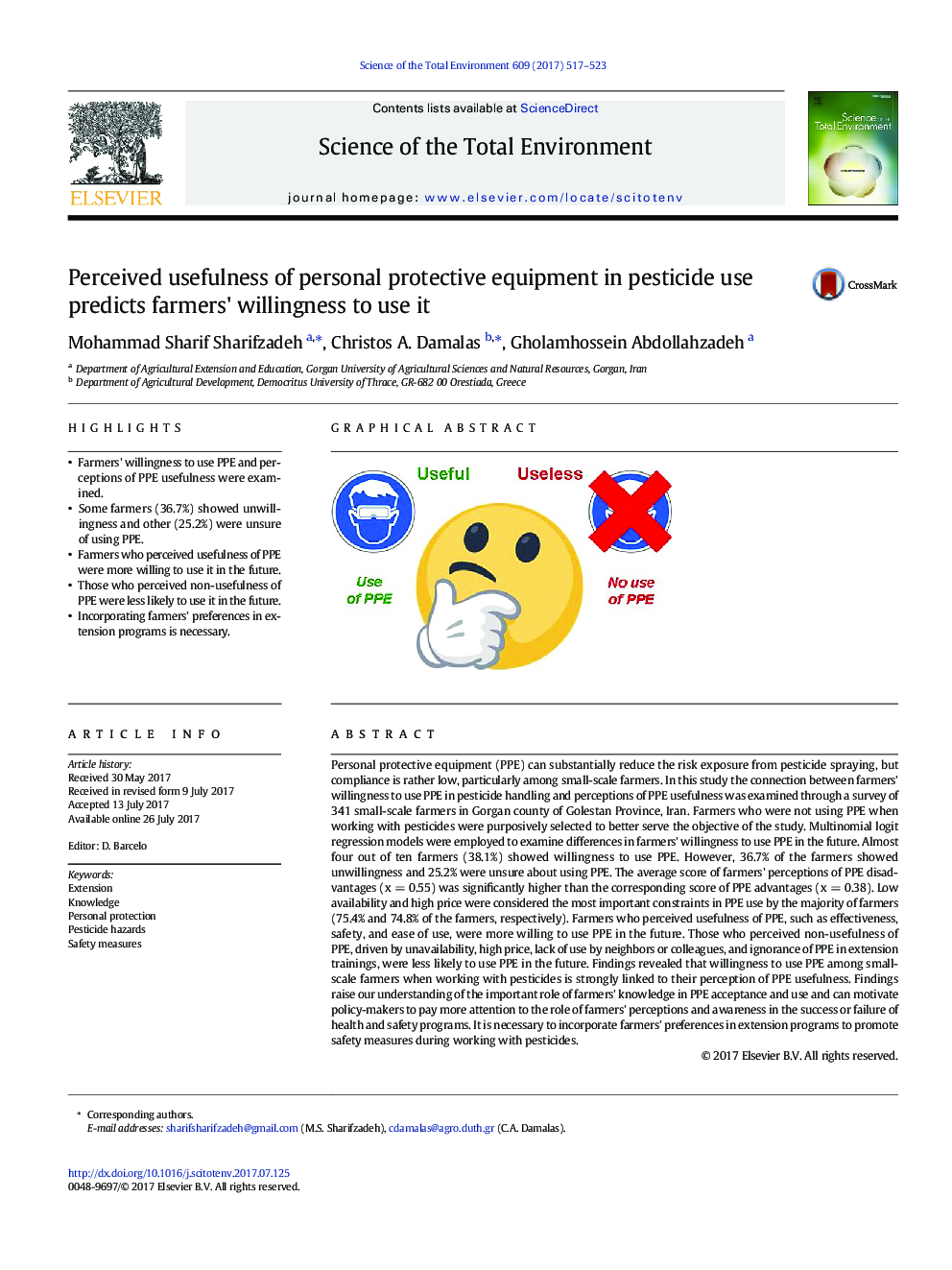 Perceived usefulness of personal protective equipment in pesticide use predicts farmers' willingness to use it