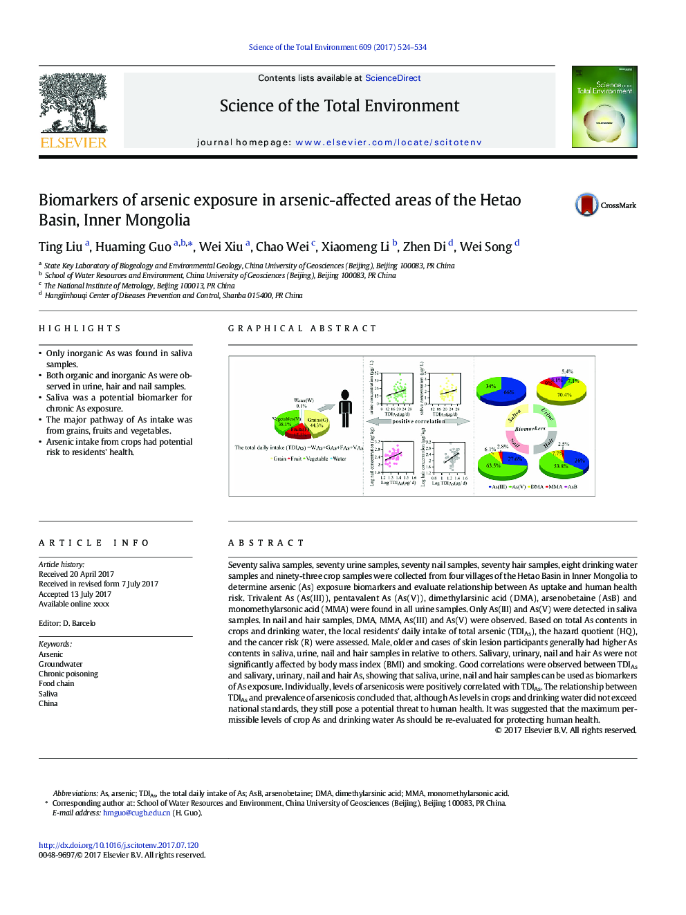 Biomarkers of arsenic exposure in arsenic-affected areas of the Hetao Basin, Inner Mongolia