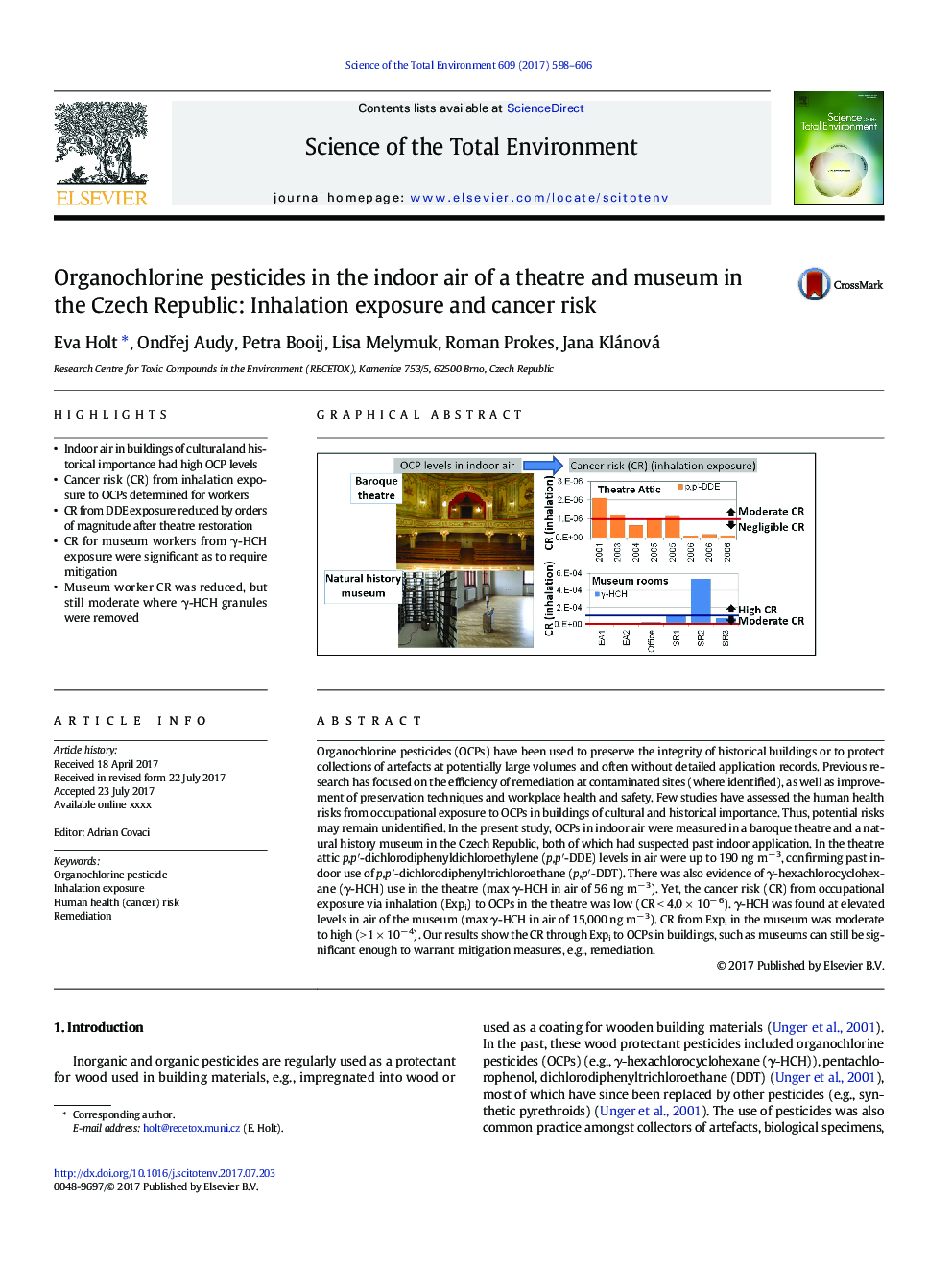 Organochlorine pesticides in the indoor air of a theatre and museum in the Czech Republic: Inhalation exposure and cancer risk