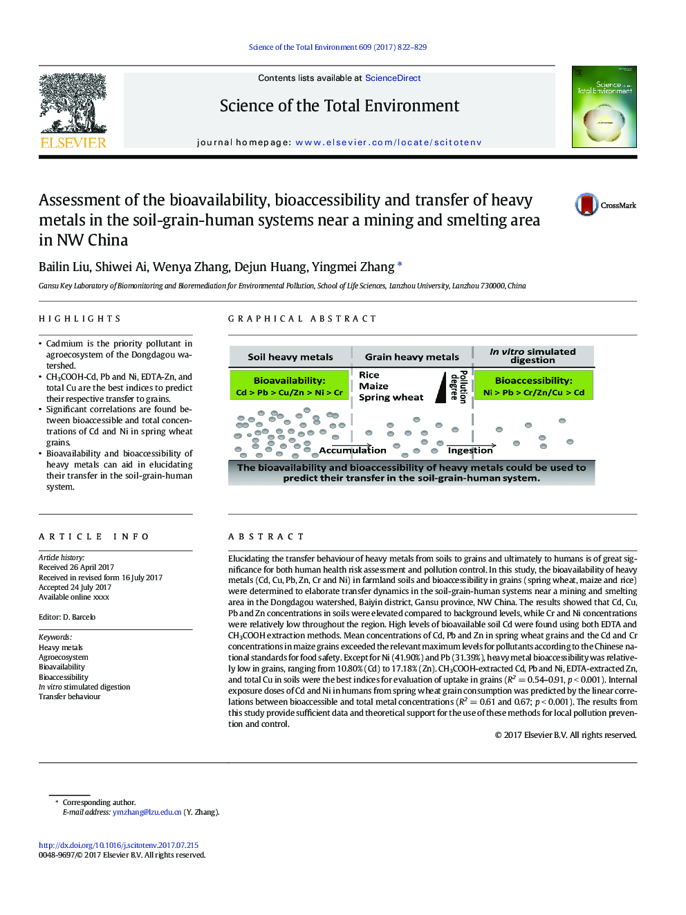 Assessment of the bioavailability, bioaccessibility and transfer of heavy metals in the soil-grain-human systems near a mining and smelting area in NW China