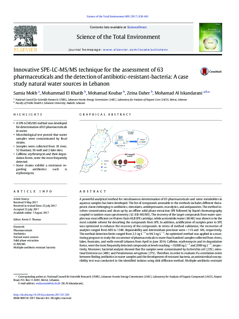 Innovative SPE-LC-MS/MS technique for the assessment of 63 pharmaceuticals and the detection of antibiotic-resistant-bacteria: A case study natural water sources in Lebanon