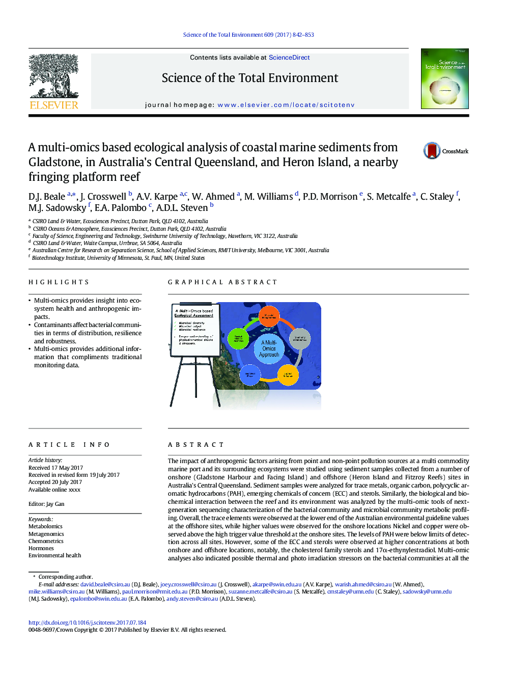 A multi-omics based ecological analysis of coastal marine sediments from Gladstone, in Australia's Central Queensland, and Heron Island, a nearby fringing platform reef