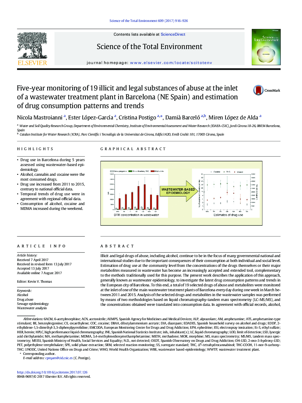 Five-year monitoring of 19 illicit and legal substances of abuse at the inlet of a wastewater treatment plant in Barcelona (NE Spain) and estimation of drug consumption patterns and trends