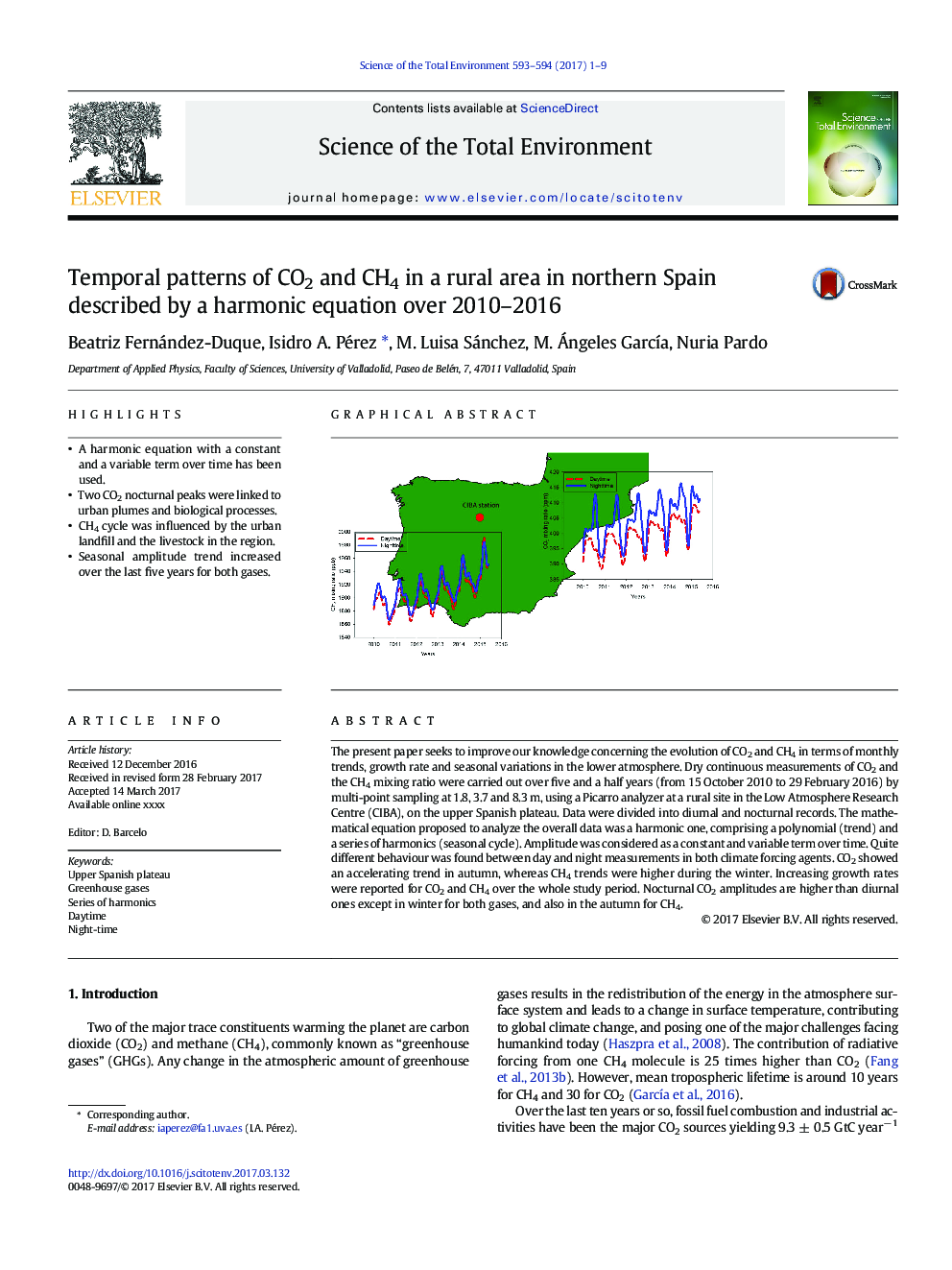 Temporal patterns of CO2 and CH4 in a rural area in northern Spain described by a harmonic equation over 2010-2016