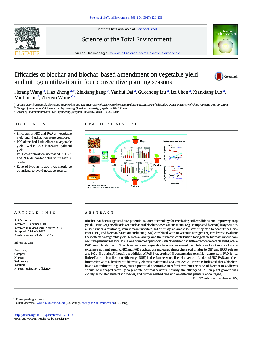 Efficacies of biochar and biochar-based amendment on vegetable yield and nitrogen utilization in four consecutive planting seasons