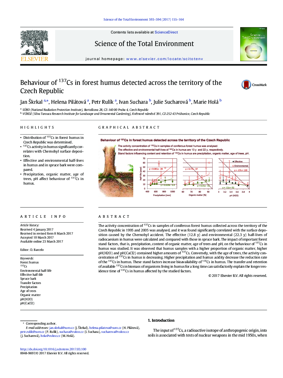 Behaviour of 137Cs in forest humus detected across the territory of the Czech Republic