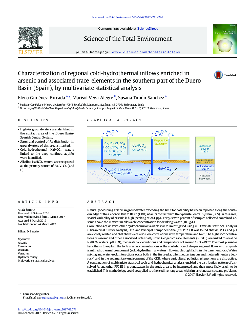 Characterization of regional cold-hydrothermal inflows enriched in arsenic and associated trace-elements in the southern part of the Duero Basin (Spain), by multivariate statistical analysis