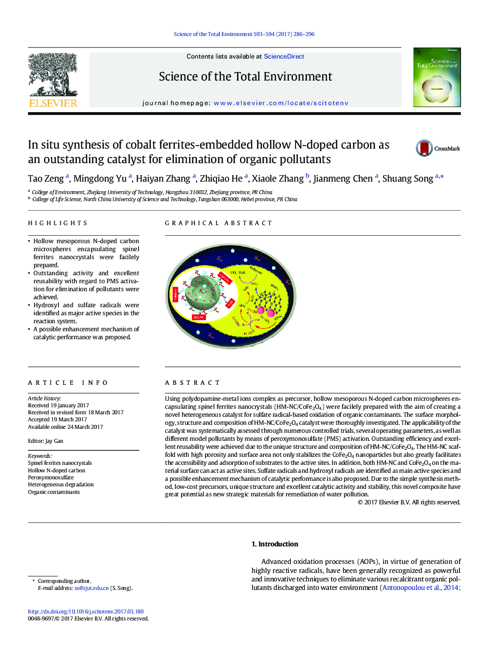 In situ synthesis of cobalt ferrites-embedded hollow N-doped carbon as an outstanding catalyst for elimination of organic pollutants