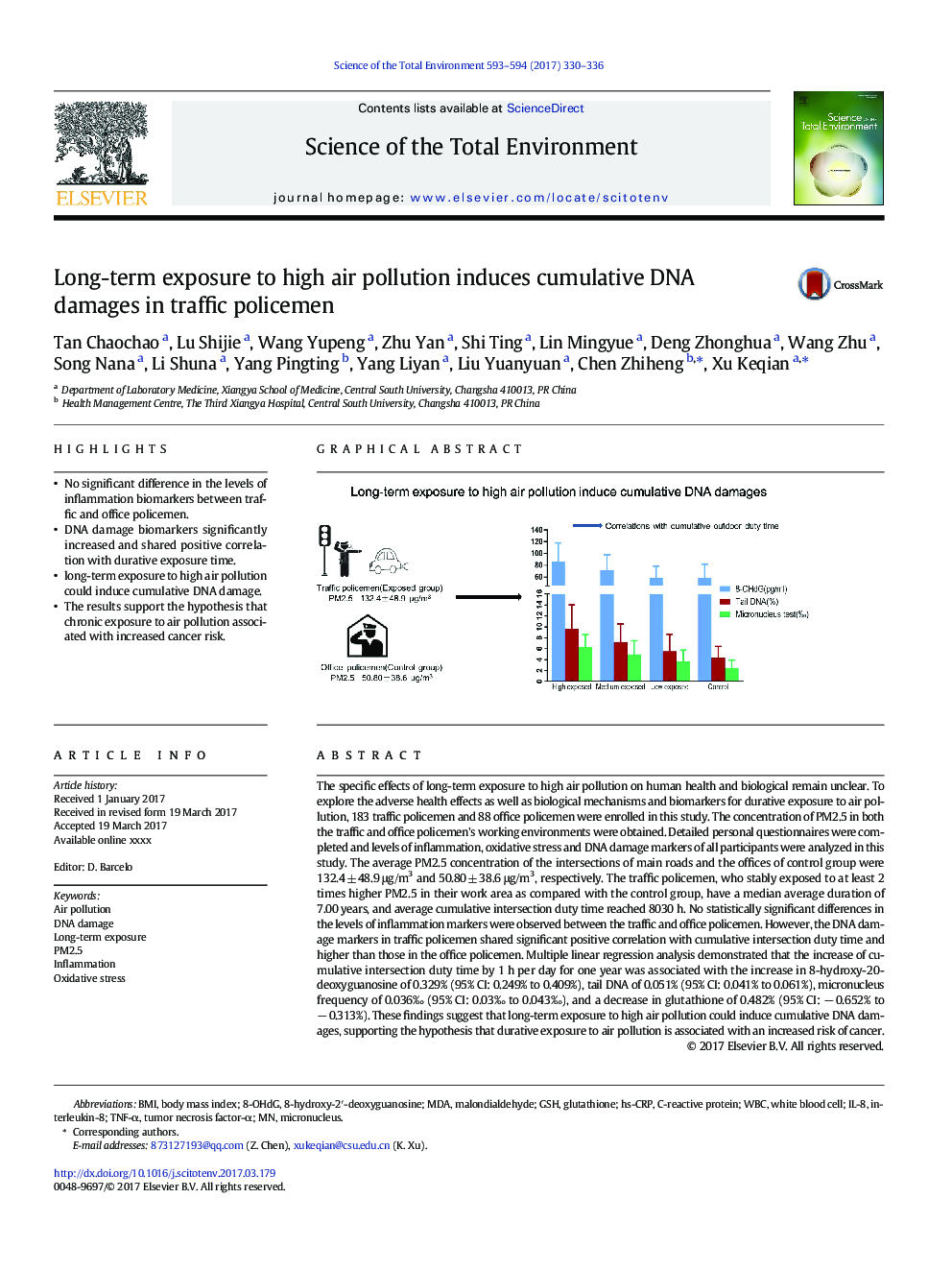 Long-term exposure to high air pollution induces cumulative DNA damages in traffic policemen