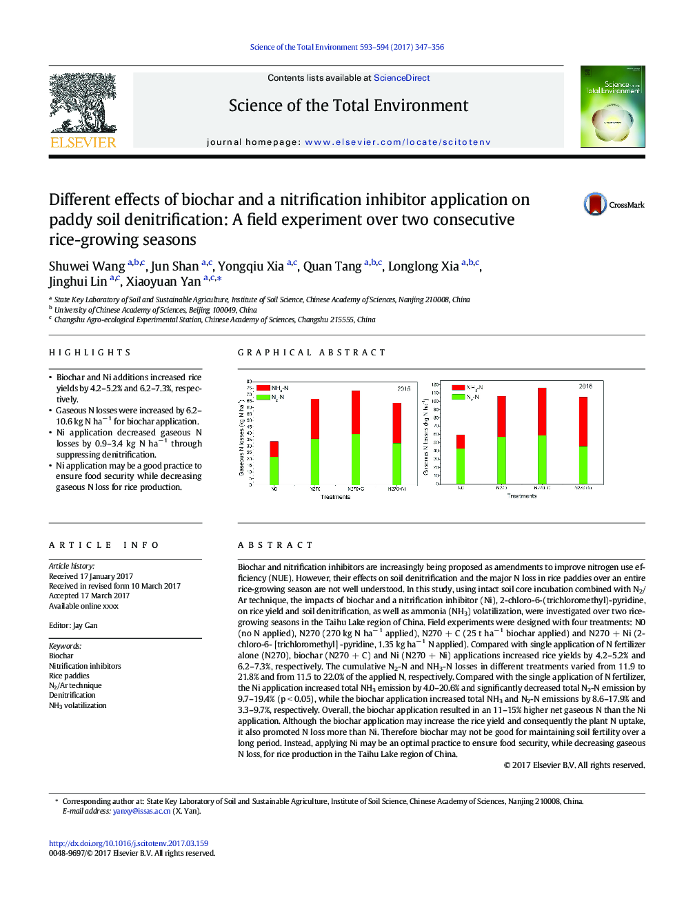 Different effects of biochar and a nitrification inhibitor application on paddy soil denitrification: A field experiment over two consecutive rice-growing seasons