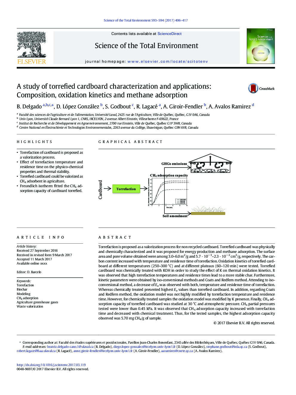 A study of torrefied cardboard characterization and applications: Composition, oxidation kinetics and methane adsorption