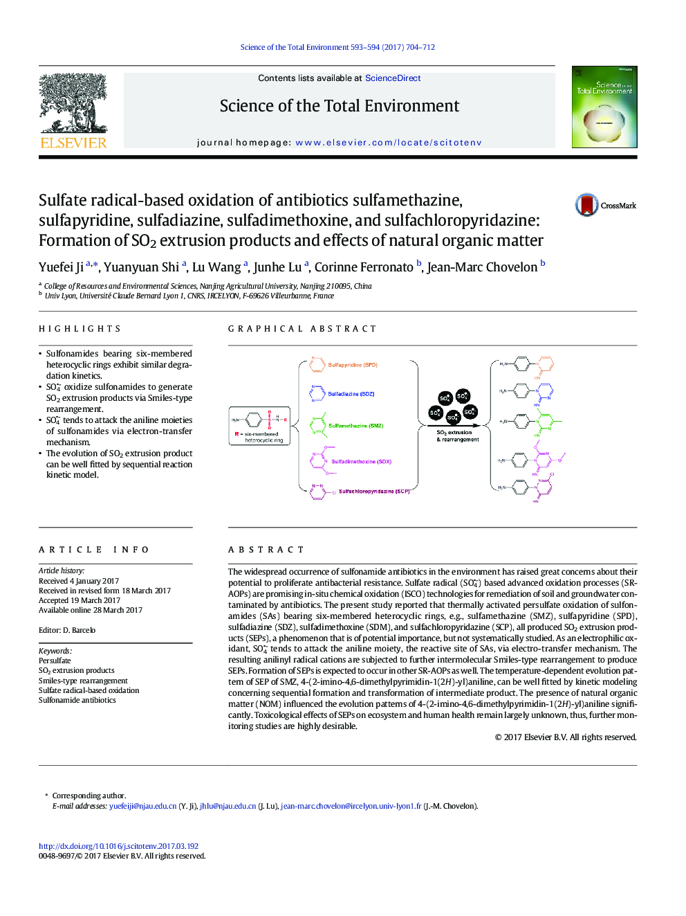 Sulfate radical-based oxidation of antibiotics sulfamethazine, sulfapyridine, sulfadiazine, sulfadimethoxine, and sulfachloropyridazine: Formation of SO2 extrusion products and effects of natural organic matter