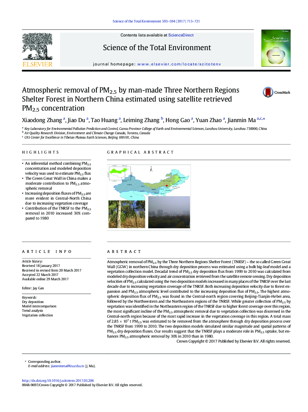 Atmospheric removal of PM2.5 by man-made Three Northern Regions Shelter Forest in Northern China estimated using satellite retrieved PM2.5 concentration