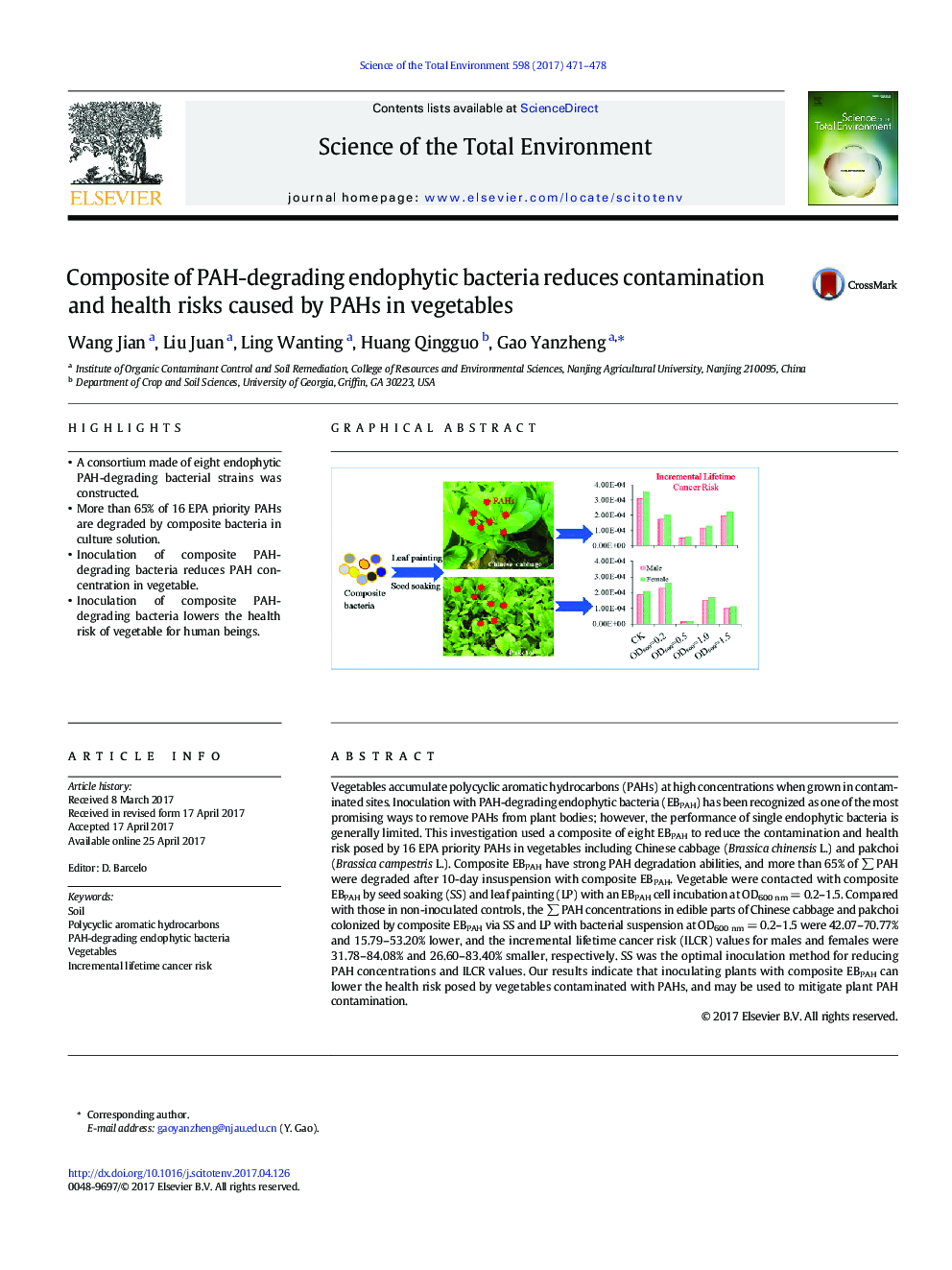 Composite of PAH-degrading endophytic bacteria reduces contamination and health risks caused by PAHs in vegetables